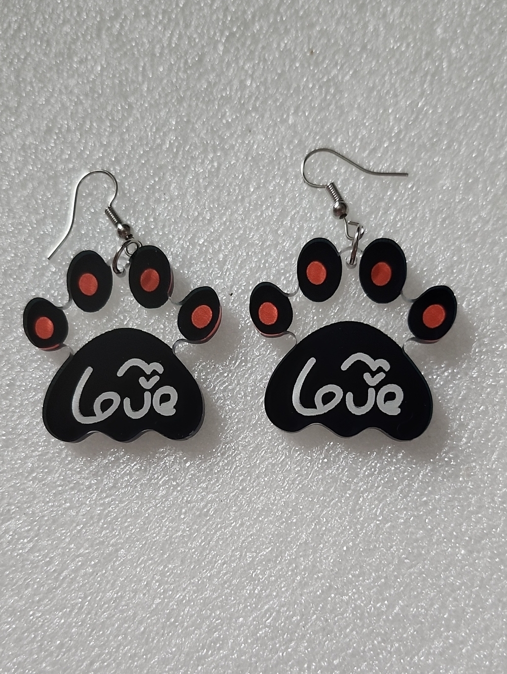 Hand Crafted Black and Orange Paw Print 'Love' Earrings